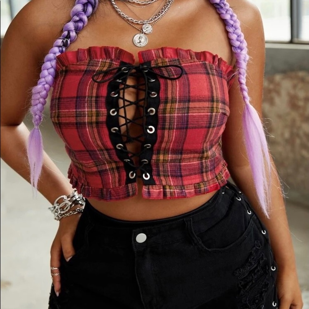 Tartan Lace Up Front Crop Tube Top